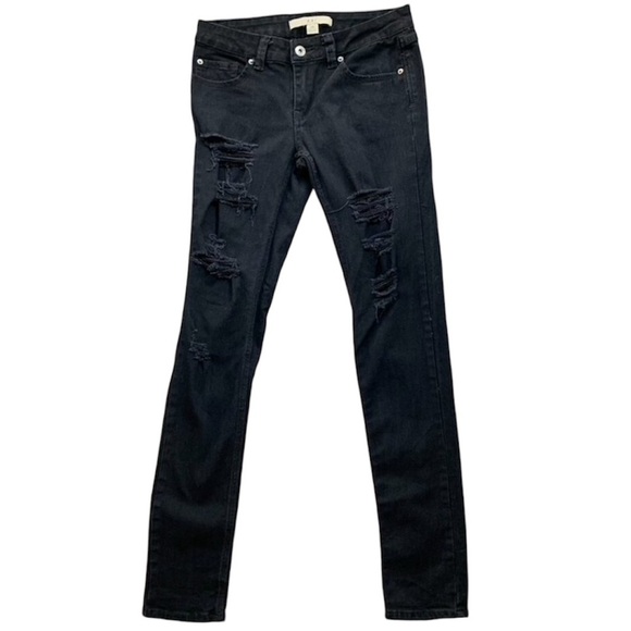 Forever 21 Black Skinny Jeans Distressed Mid rise Stretch denim Size 26 - Picture 2 of 14